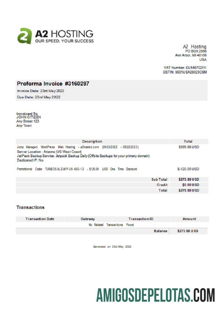 Fatura de hospedagem A2 dos EUA exemplo